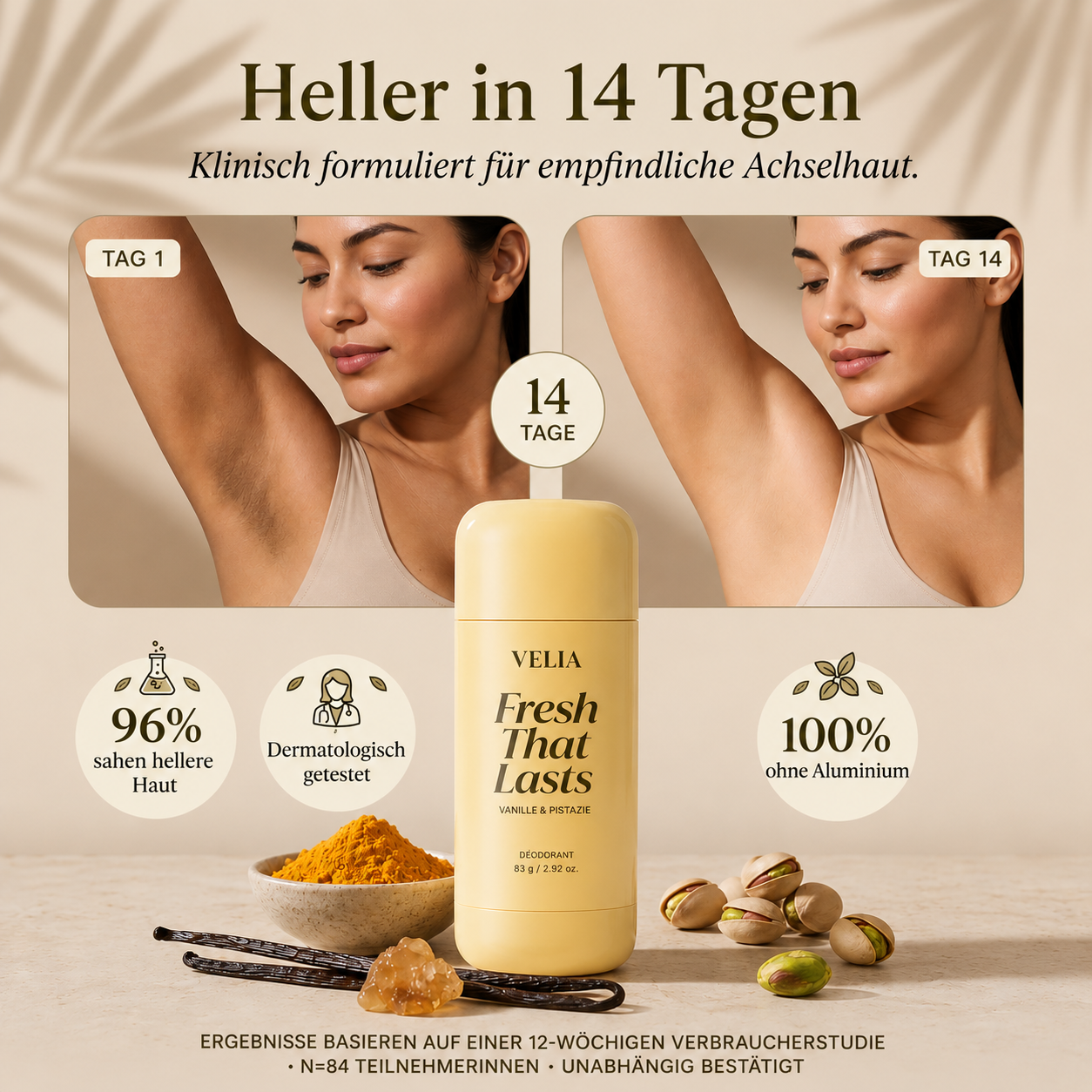 Vorher / Nachher: hellere Achseln in 14 Tagen mit VELIA